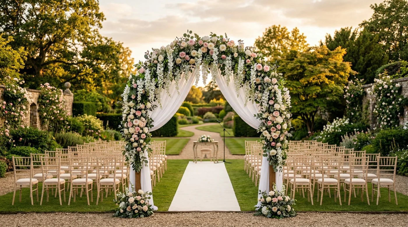 Plenerowa ceremonia z łukiem kwiatowym