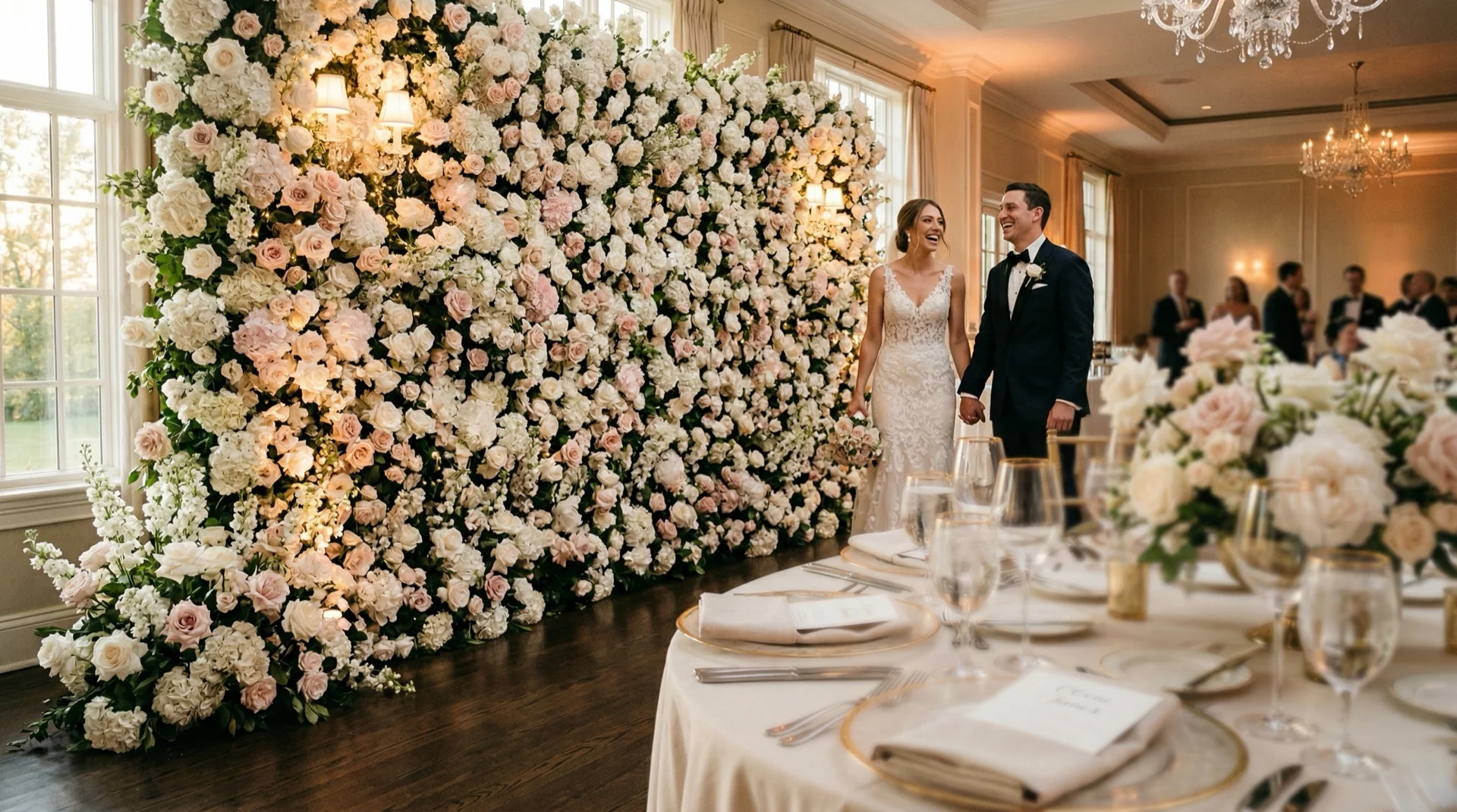 Luksusowa ścianka kwiatowa na ślub – białe i różowe róże