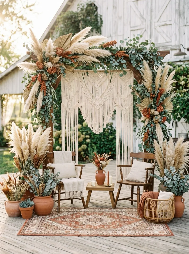 Ścianka ślubna w stylu boho – trawy pampasowe i makrama