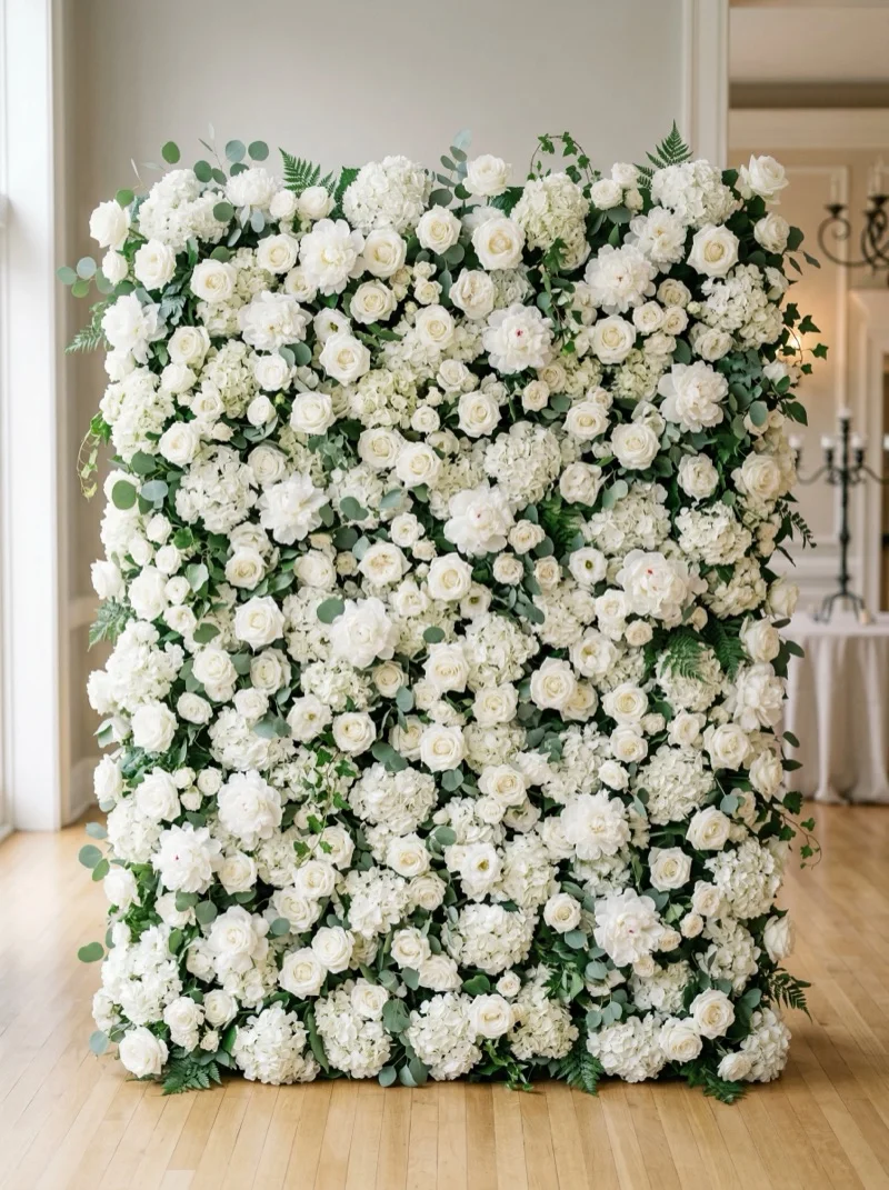 Elegancka ścianka ślubna – klasyczne białe kwiaty