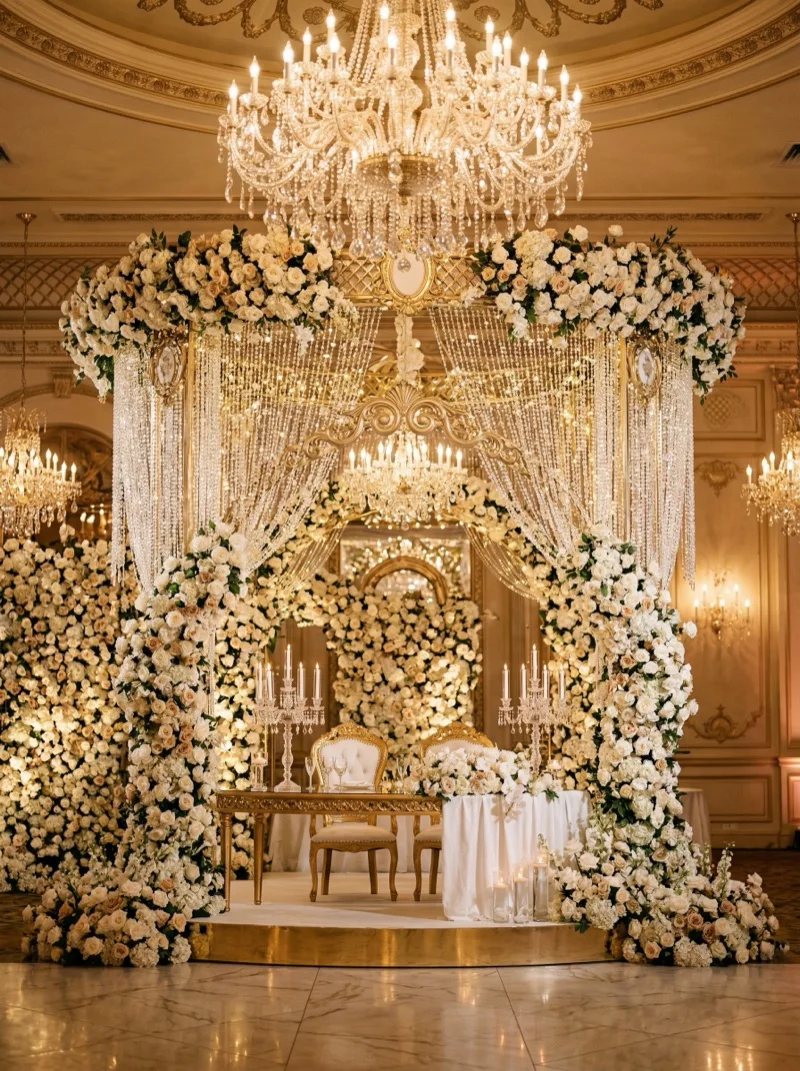 Ścianka ślubna glamour – kryształy i złote akcenty