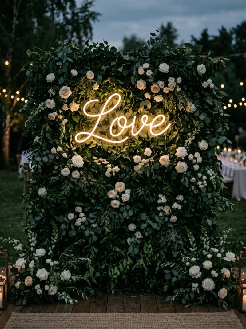 Ścianka ślubna z neonem – świetlny napis na tle kwiatów