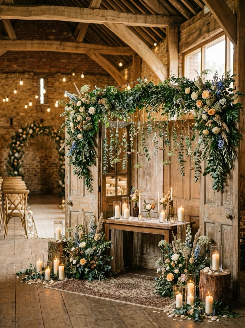 Rustykalna ścianka ślubna – drewno i zieleń